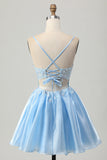 Sparkly Blue Corset A Line Appliqued Short Prom Dress with Sequins