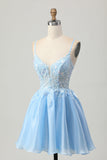 Sparkly Blue Corset A Line Appliqued Short Prom Dress with Sequins