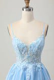 Sparkly Blue Corset A Line Appliqued Short Prom Dress with Sequins