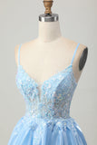 Sparkly Blue Corset A Line Appliqued Short Prom Dress with Sequins