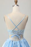 Sparkly Blue Corset A Line Appliqued Short Prom Dress with Sequins