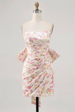 Pink Floral Strapless Ruched Tight Short Prom Dress with Bow