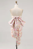 Pink Floral Strapless Ruched Tight Short Prom Dress with Bow