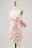 Pink Floral Strapless Ruched Tight Short Prom Dress with Bow