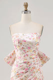 Pink Floral Strapless Ruched Tight Short Prom Dress with Bow