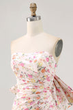 Pink Floral Strapless Ruched Tight Short Prom Dress with Bow