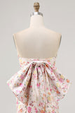 Pink Floral Strapless Ruched Tight Short Prom Dress with Bow