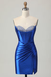 Sparkly Royal Blue Ruched Tight Short Corset Prom Dress with Beading