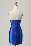 Sparkly Royal Blue Ruched Tight Short Corset Prom Dress with Beading