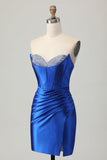 Sparkly Royal Blue Ruched Tight Short Corset Prom Dress with Beading