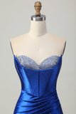 Sparkly Royal Blue Ruched Tight Short Corset Prom Dress with Beading