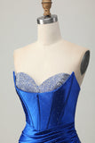 Sparkly Royal Blue Ruched Tight Short Corset Prom Dress with Beading
