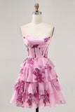 Pink Floral Sweetheart Short Tiered Corset Prom Dress with Ruffles