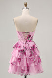 Pink Floral Sweetheart Short Tiered Corset Prom Dress with Ruffles