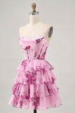 Pink Floral Sweetheart Short Tiered Corset Prom Dress with Ruffles