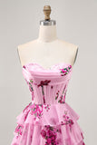 Pink Floral Sweetheart Short Tiered Corset Prom Dress with Ruffles