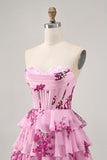 Pink Floral Sweetheart Short Tiered Corset Prom Dress with Ruffles