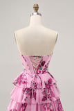 Pink Floral Sweetheart Short Tiered Corset Prom Dress with Ruffles