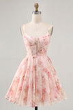 Blush Floral A Line Chiffon Short Corset Prom Dress with Lace up Back
