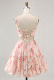 Blush Floral A Line Chiffon Short Corset Prom Dress with Lace up Back