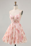 Blush Floral A Line Chiffon Short Corset Prom Dress with Lace up Back