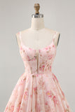 Blush Floral A Line Chiffon Short Corset Prom Dress with Lace up Back