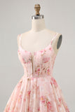 Blush Floral A Line Chiffon Short Corset Prom Dress with Lace up Back