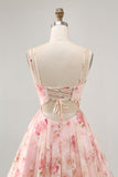 Blush Floral A Line Chiffon Short Corset Prom Dress with Lace up Back