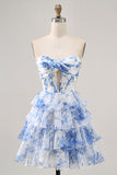 White and Blue Floral Tiered Short Corset Backless Prom Dress