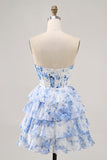 White and Blue Floral Tiered Short Corset Backless Prom Dress