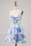 White and Blue Floral Tiered Short Corset Backless Prom Dress