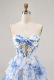 White and Blue Floral Tiered Short Corset Backless Prom Dress