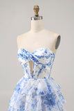 White and Blue Floral Tiered Short Corset Backless Prom Dress