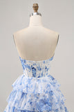 White and Blue Floral Tiered Short Corset Backless Prom Dress