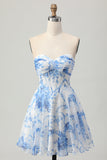 Sweetheart White Blue Flower Corset A Line Short Prom Dress