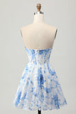 Sweetheart White Blue Flower Corset A Line Short Prom Dress