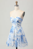 Sweetheart White Blue Flower Corset A Line Short Prom Dress