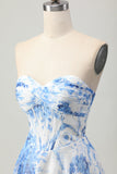 Sweetheart White Blue Flower Corset A Line Short Prom Dress