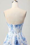 Sweetheart White Blue Flower Corset A Line Short Prom Dress