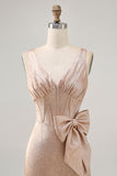 Champagne Tight Short Corset Jacquard Prom Dress with Bow
