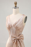 Champagne Tight Short Corset Jacquard Prom Dress with Bow