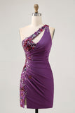 Sparkly Dark Purple Floral Tight One Shoulder Short Prom Dress with Sequins