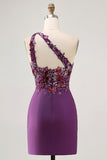 Sparkly Dark Purple Floral Tight One Shoulder Short Prom Dress with Sequins