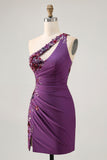 Sparkly Dark Purple Floral Tight One Shoulder Short Prom Dress with Sequins