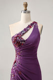 Sparkly Dark Purple Floral Tight One Shoulder Short Prom Dress with Sequins