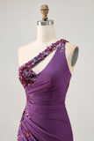 Sparkly Dark Purple Floral Tight One Shoulder Short Prom Dress with Sequins
