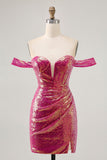 Sparkly Fuchsia Sequin Ruched Tight Short Corset Prom Dress