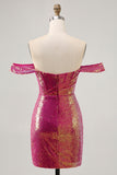 Sparkly Fuchsia Sequin Ruched Tight Short Corset Prom Dress