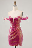 Sparkly Fuchsia Sequin Ruched Tight Short Corset Prom Dress