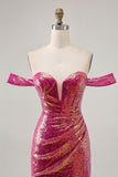 Sparkly Fuchsia Sequin Ruched Tight Short Corset Prom Dress